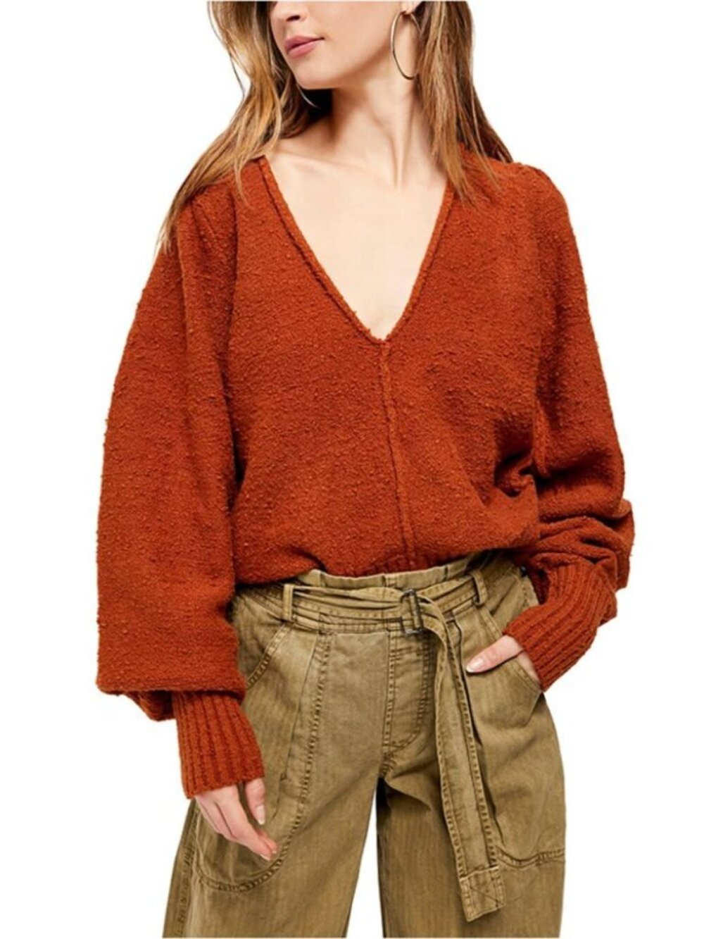 NWT Free People Women's Reverie V-Neck Rib Knit Sweater Balloon Burnt Butter XS